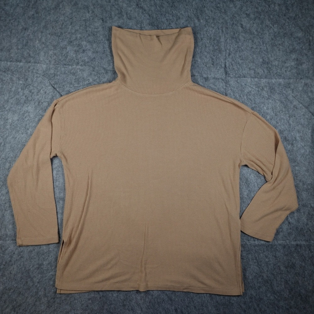 Sanctuary Top Women Extra Large Tan Ribbed Knit Turtleneck 3/4 Sleeve Pullover